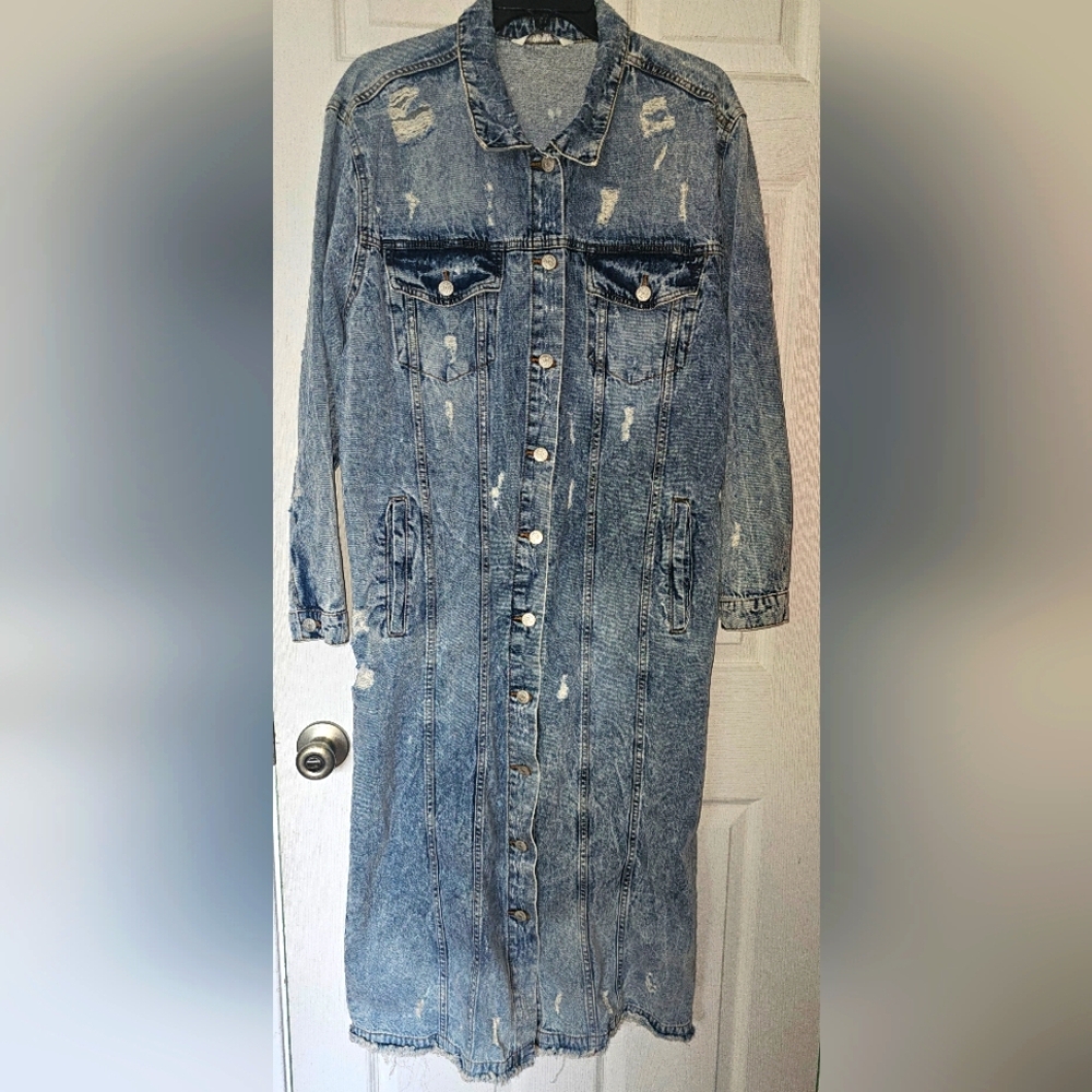 Distressed Denim Long Jacket